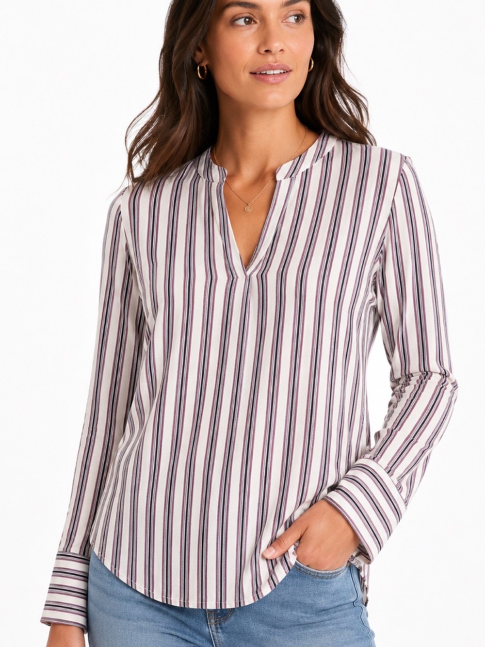 J.Crew Cotton Popover Blouse Size 12 Red Blue White Stripe Split Neck Tunic